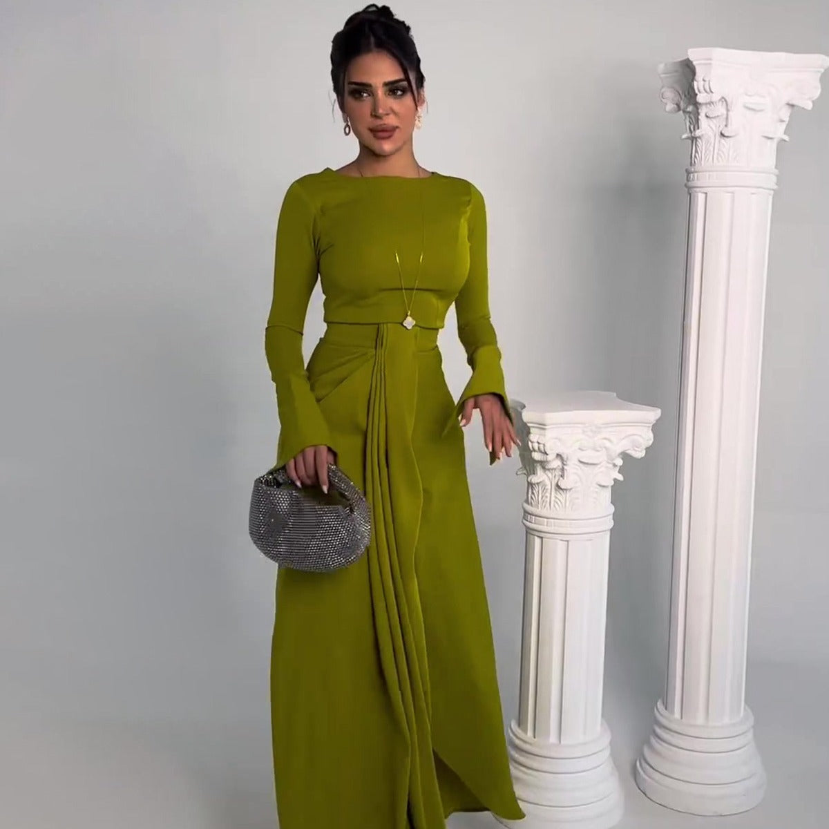 MS446#Vestido largo de satén con falda larga para mujer