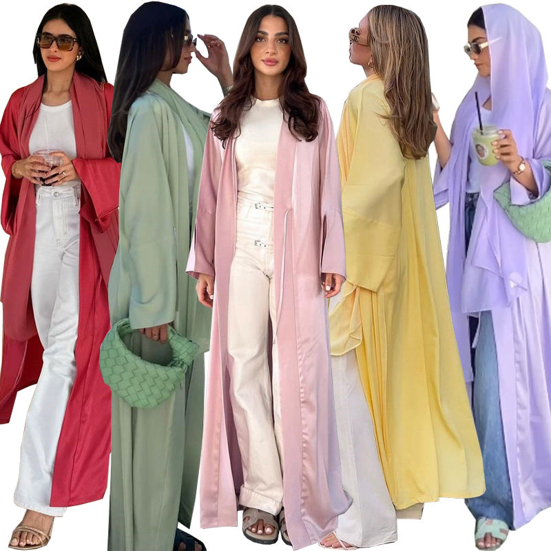 MS566# Túnica musulmana de moda, vestido suave de satén, prenda exterior abierta por delante, túnica abaya de color sólido