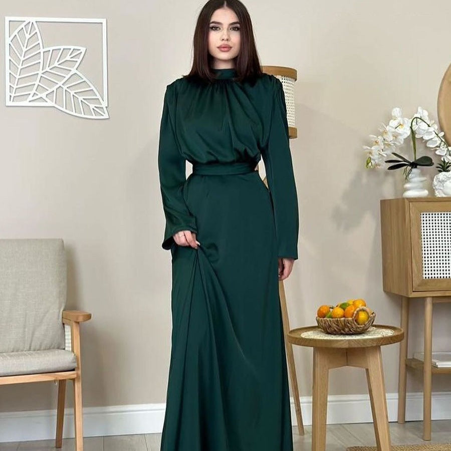 MS510#Vestido de moda con falda acampanada, cintura alta, manga larga y cuello semialto estilo satén