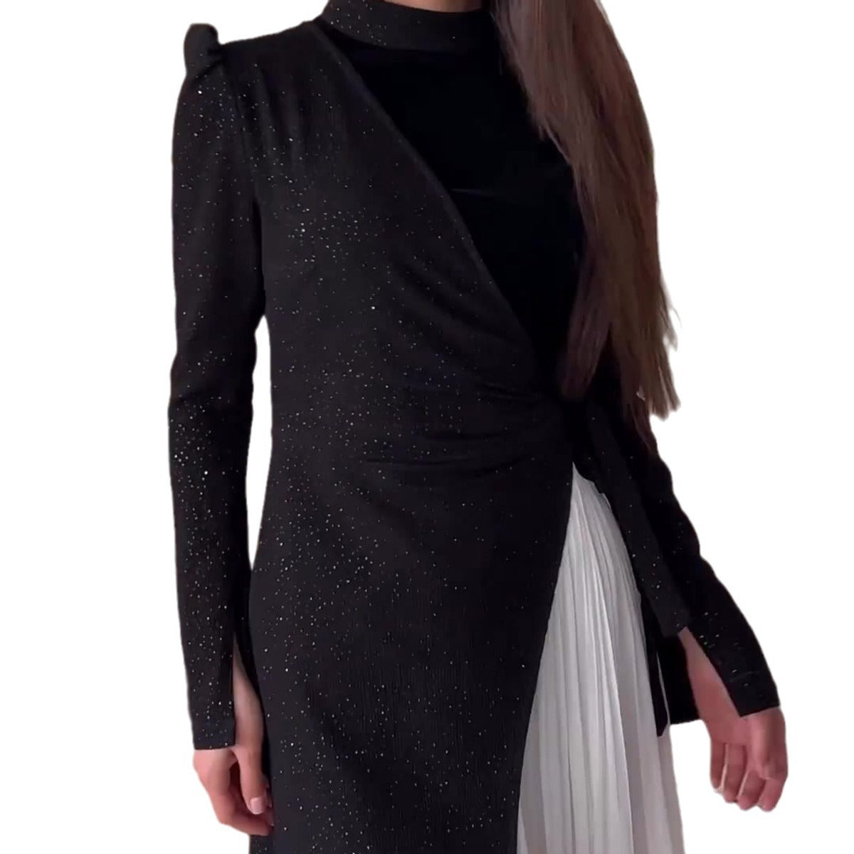 MS595# Diseño de empalme de mangas largas de temperamento de moda con pliegues