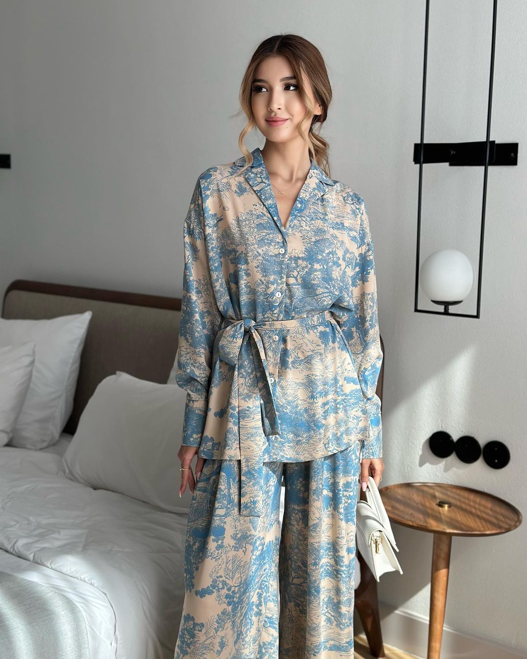 MS501#Fashion French print long-sleeved lace-up shirt high-waisted wide-leg pants for women