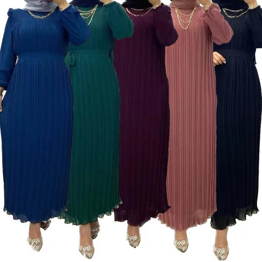 MS518#Vestido suelto de cuello alto de color liso para mujer con cinturón