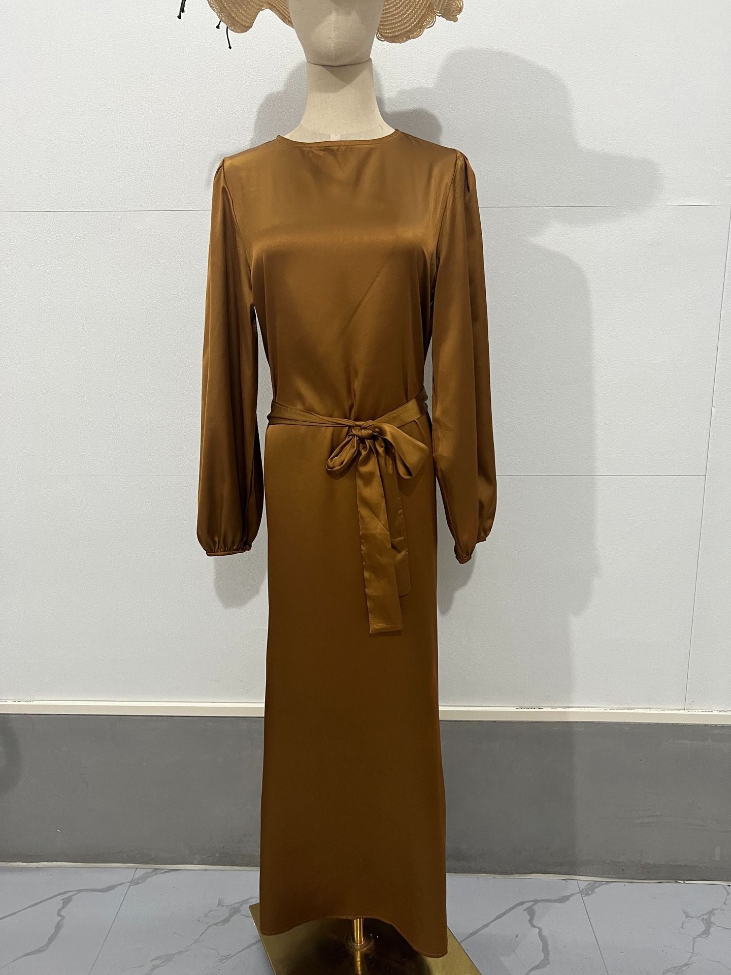 MS450#Vestido de satén de color liso con cinturón para mujer