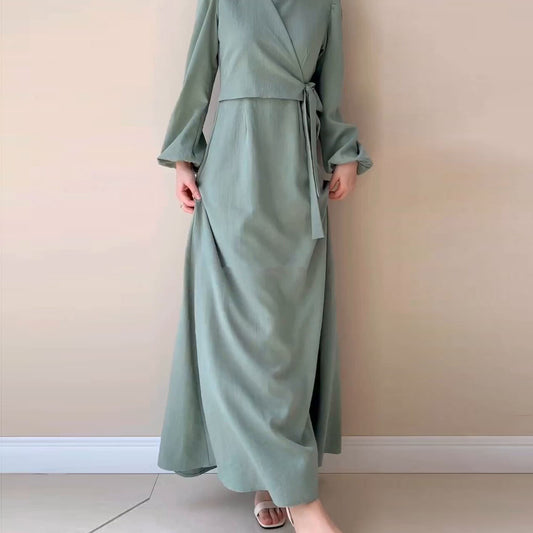 MS469#Vestido de mujer de otoño e invierno con nueva moda, temperamento, manga larga, dos cordones falsos, falda larga