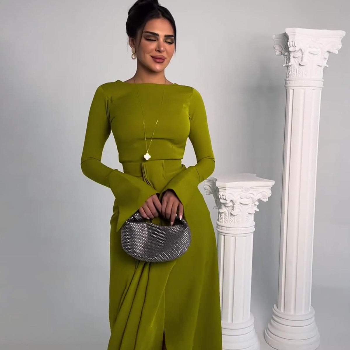 MS446#Vestido largo de satén con falda larga para mujer