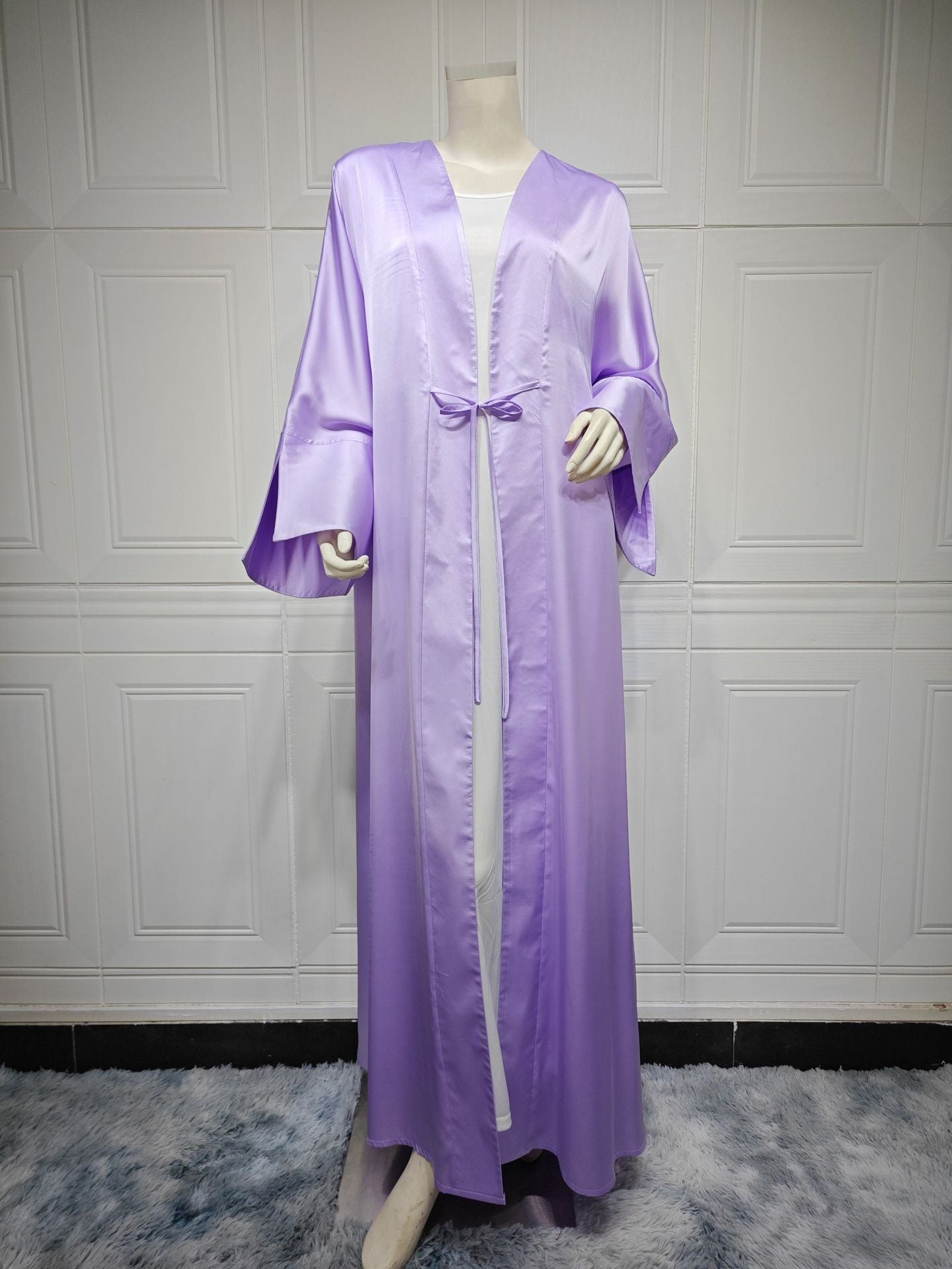MS566# Túnica musulmana de moda, vestido suave de satén, prenda exterior abierta por delante, túnica abaya de color sólido