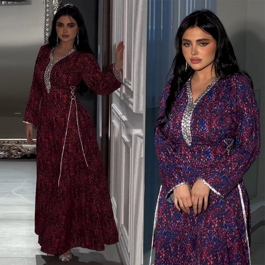 MS529# Vestido musulmán con estampado árabe, túnica brillante con incrustaciones de diamantes, ropa para el hogar para Eid al-Adha