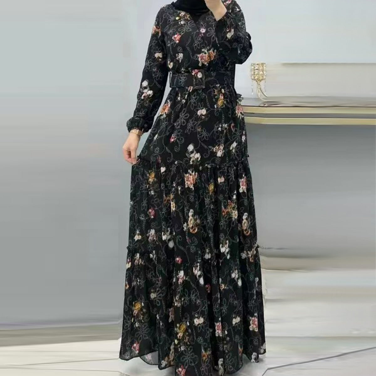 MS520# Fashion New Floral High Neck Long Dress for Women with Elegant