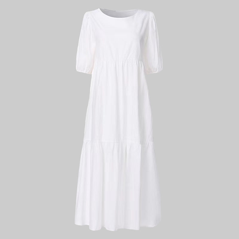 FS319# Vestido largo playero holgado con cuello redondo, manga corta y estampado de flores para mujer