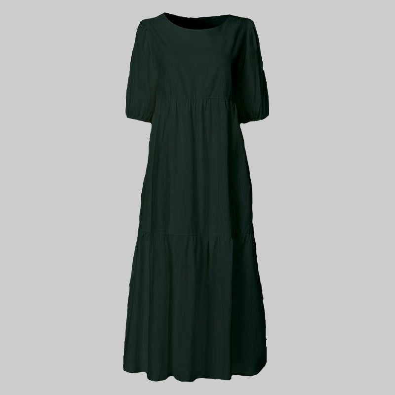 FS319# Vestido largo playero holgado con cuello redondo, manga corta y estampado de flores para mujer