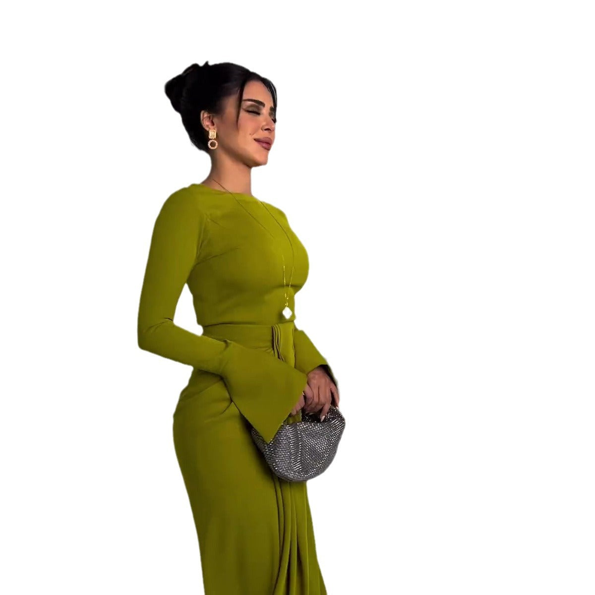 MS446#Vestido largo de satén con falda larga para mujer