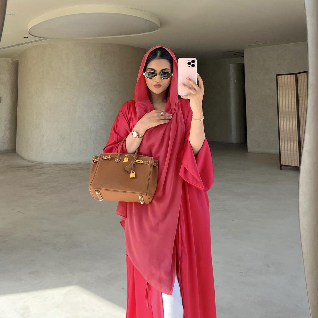 MS566# Túnica musulmana de moda, vestido suave de satén, prenda exterior abierta por delante, túnica abaya de color sólido