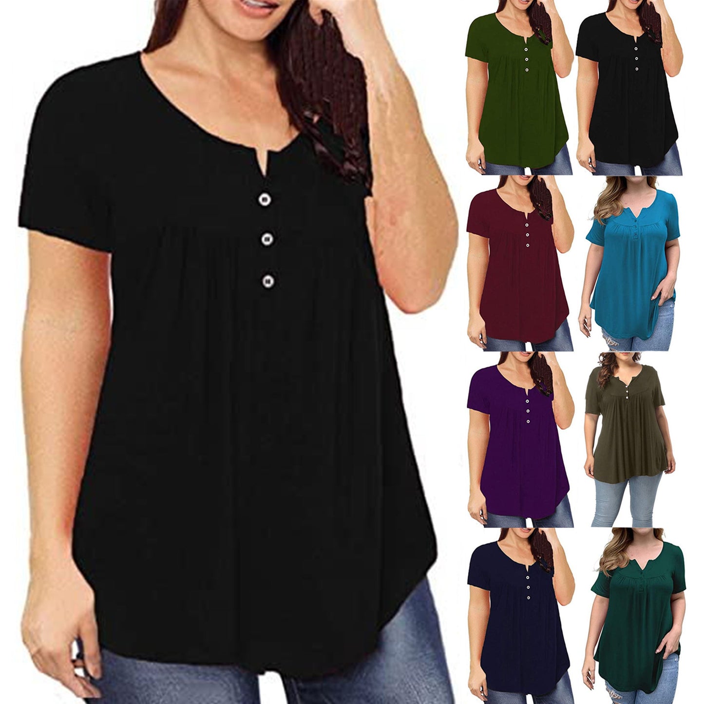 FS312#Blusa tipo túnica de talla grande para mujer, blusa de verano de manga corta con cuello en V, blusas holgadas con volantes y botones