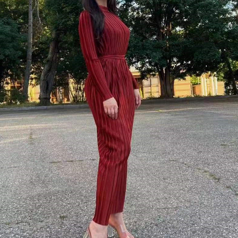 MS406#Vestido de otoño ajustado, de cuello semialto, ajustado, cruzado en la cadera, plisado, de manga larga, con cordones