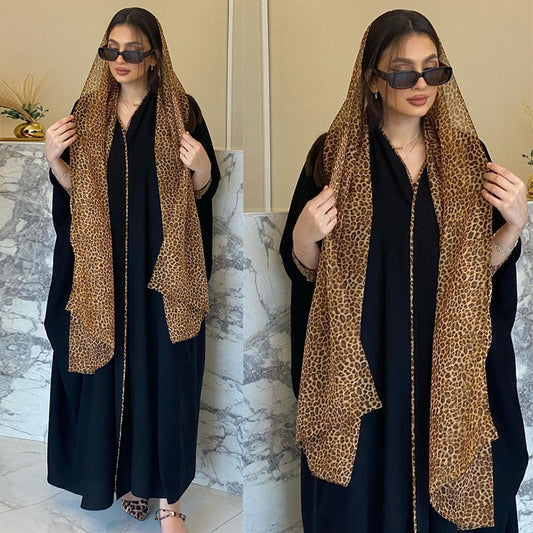 MS431#Abaya musulmana, cárdigan de moda, túnica de gasa de leopardo a juego con pañuelo para la cabeza (SIN vestido interior)