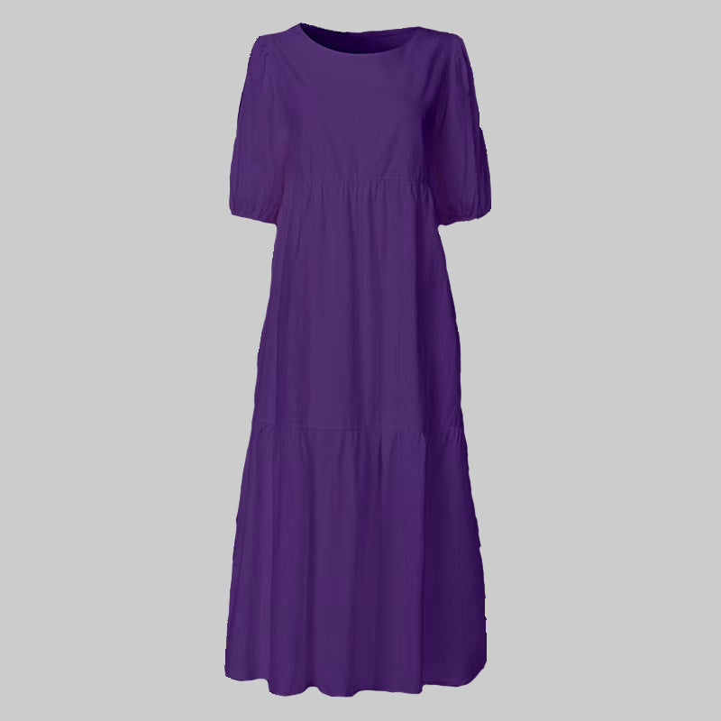 FS319# Vestido largo playero holgado con cuello redondo, manga corta y estampado de flores para mujer