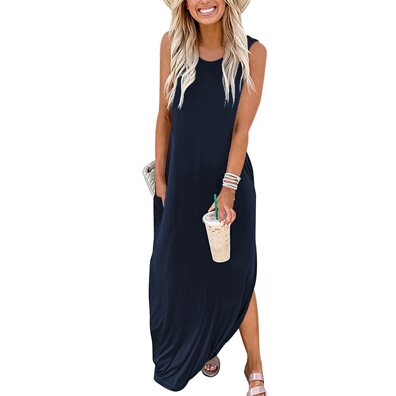 FS306#Vestido largo informal holgado para mujer, sin mangas, con abertura, para playa, con bolsillos