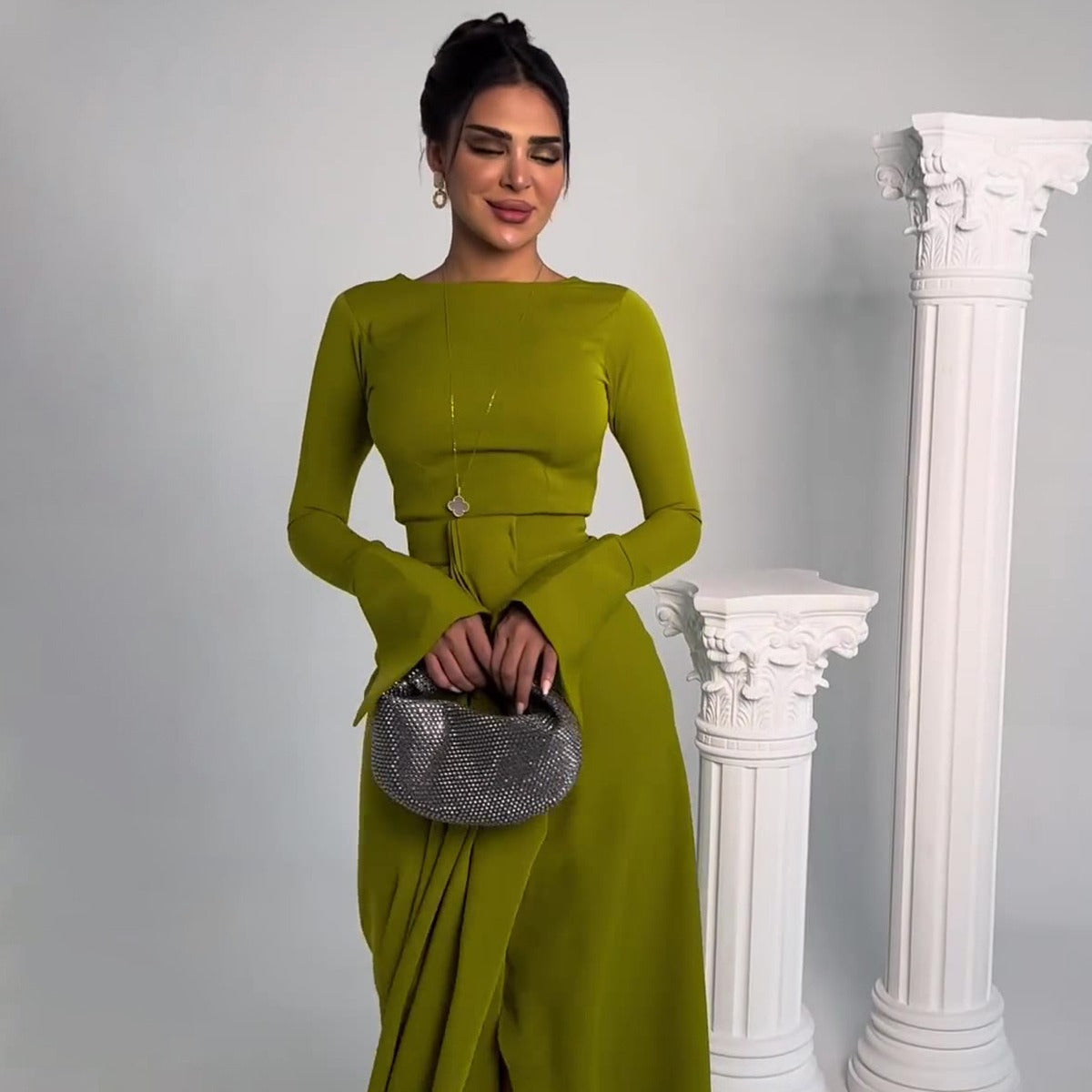 MS446#Vestido largo de satén con falda larga para mujer
