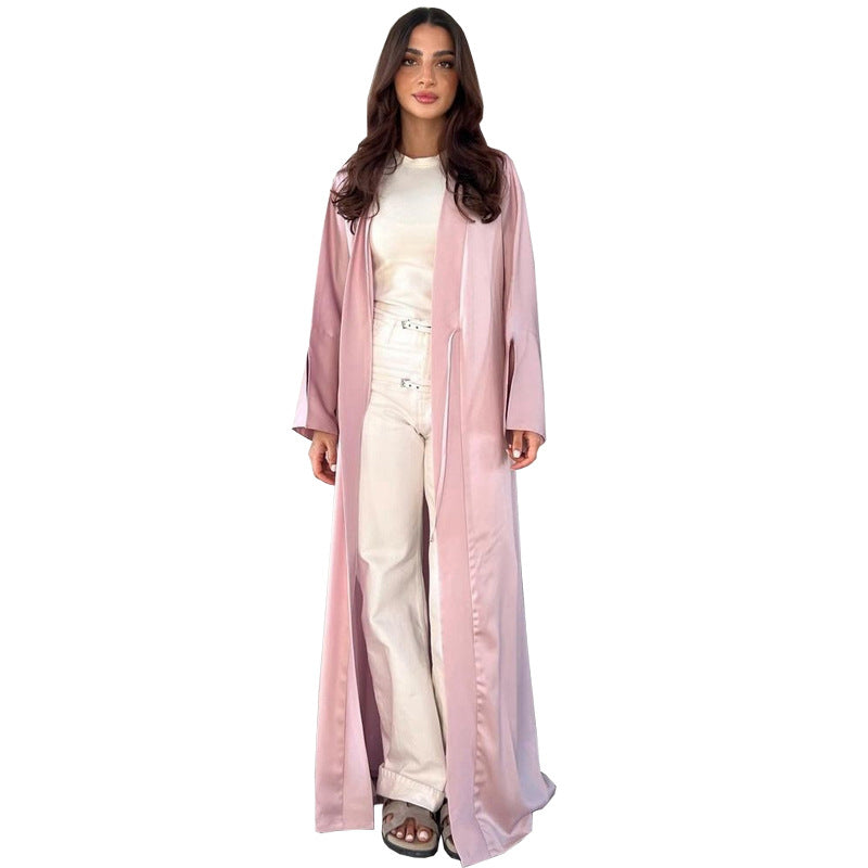 MS566# Túnica musulmana de moda, vestido suave de satén, prenda exterior abierta por delante, túnica abaya de color sólido