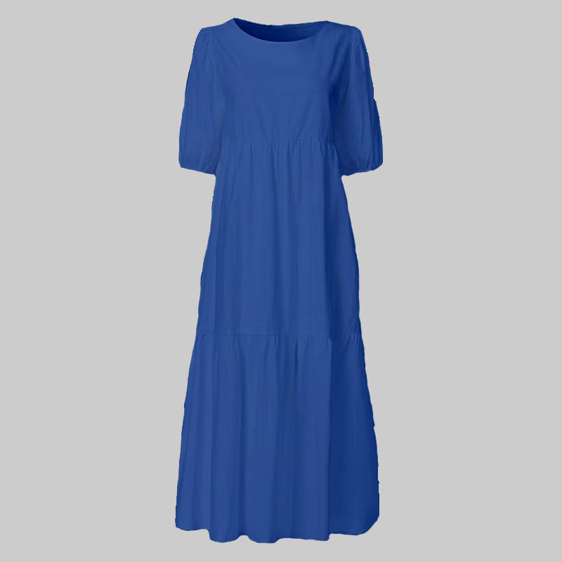 FS319# Vestido largo playero holgado con cuello redondo, manga corta y estampado de flores para mujer