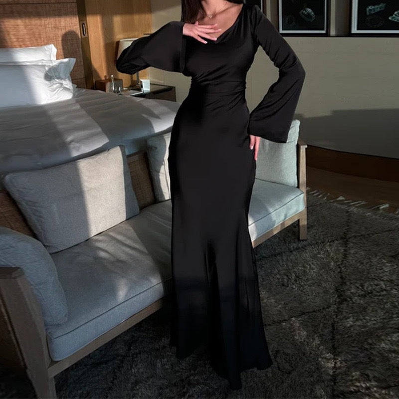 MS598#Vestido de cintura larga con cuello redondo y color liso