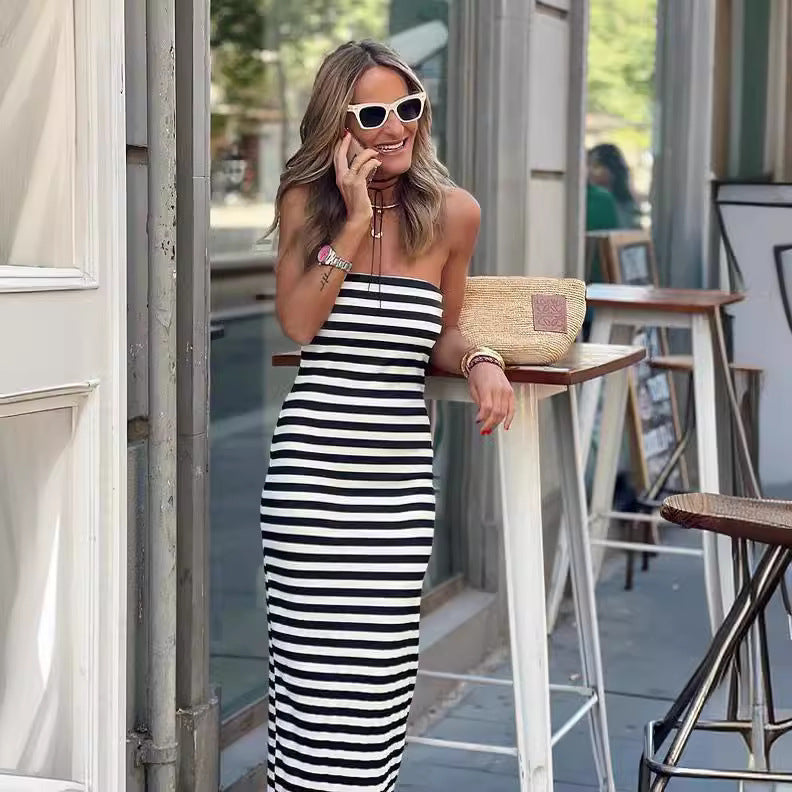 FS318#Vestido largo ajustado de verano para mujer, de tubo, acanalado, sin tirantes, con aberturas laterales, largo, informal, elegante, para salir y fiestas