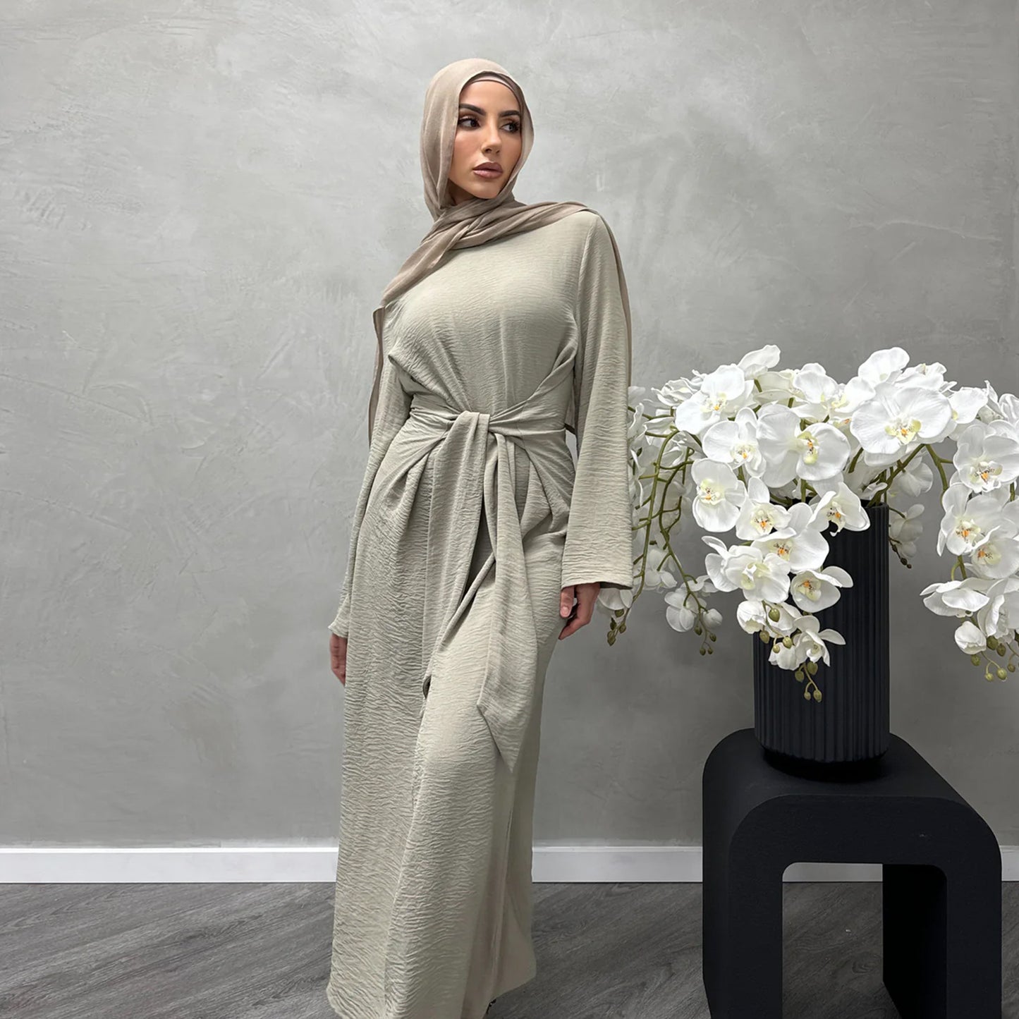 MS587#Elegante vestido abaya con cordones