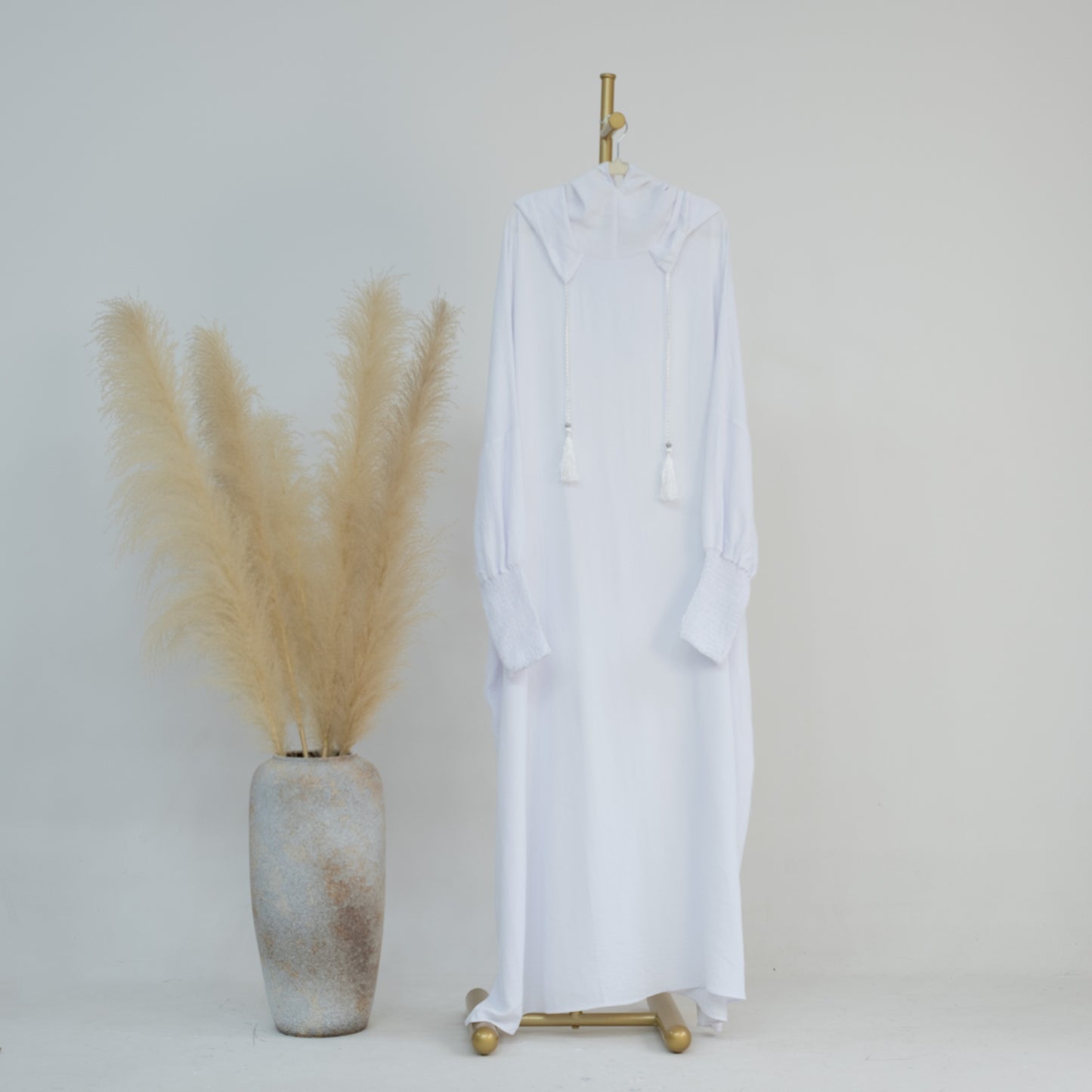 MS589#Vestido de color liso con puños con cordón y capucha, talla ajustable