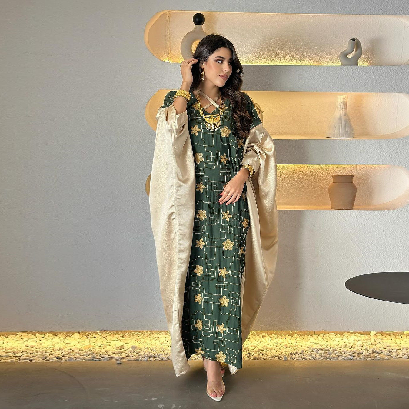 MS550#Vestido de bloque de color bordado para mujer musulmana de Dubai árabe