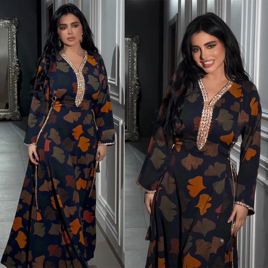 MS530#jalabiya - Vestido musulmán de moda con estampado de jersey, estilo étnico, con diamantes y cordón en la cintura