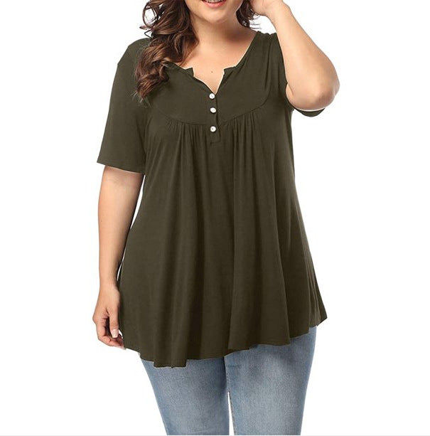 FS312#Blusa tipo túnica de talla grande para mujer, blusa de verano de manga corta con cuello en V, blusas holgadas con volantes y botones
