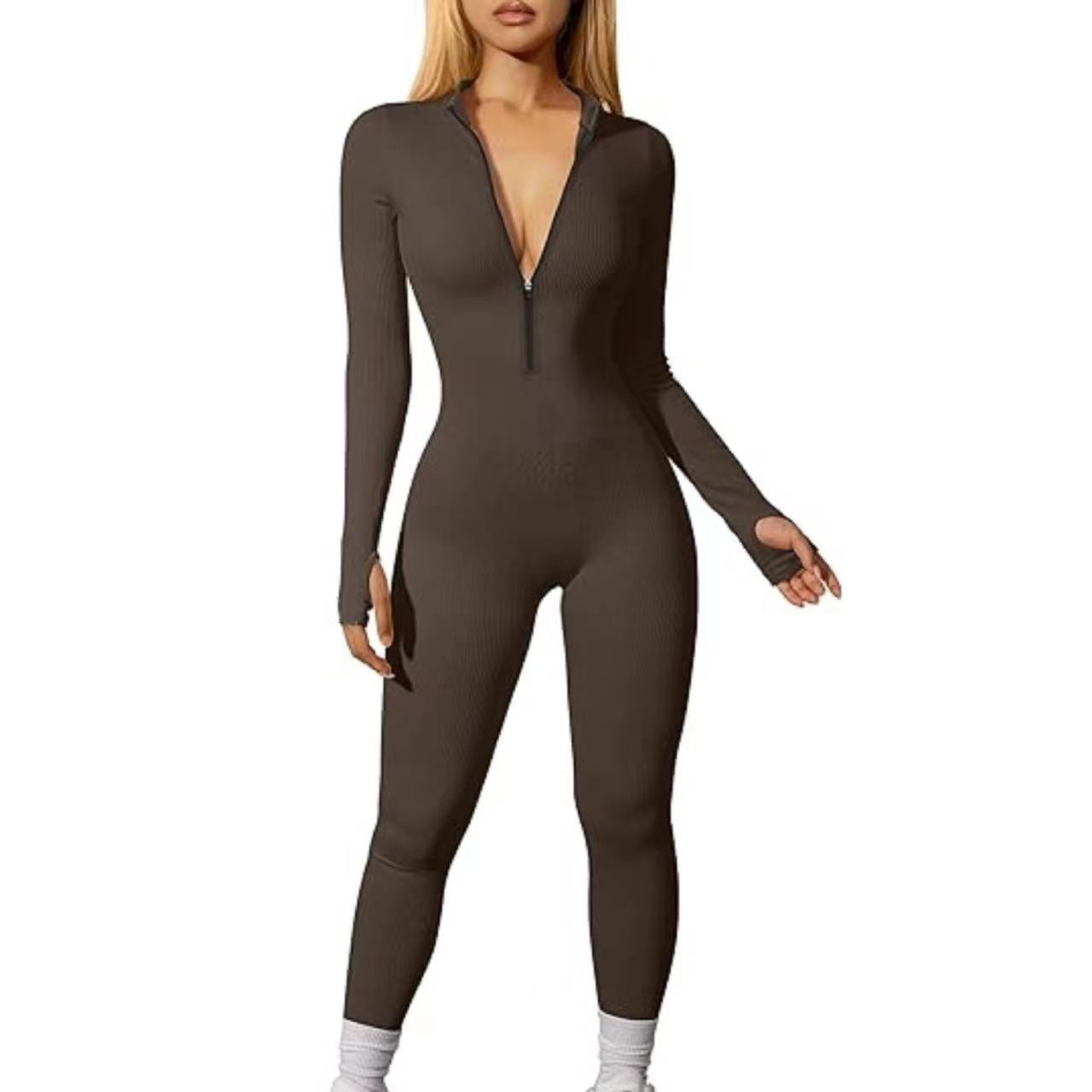 FS315#Mono deportivo para mujer transfronterizo europeo y americano, mono de entrenamiento con cremallera de manga larga acanalado, pantalones casuales ajustados
