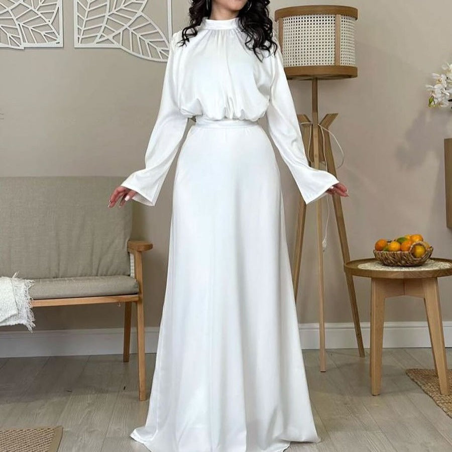 MS510#Vestido de moda con falda acampanada, cintura alta, manga larga y cuello semialto estilo satén