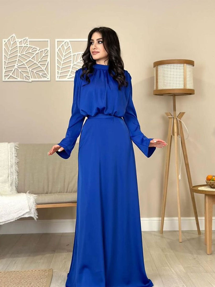 MS510#Vestido de moda con falda acampanada, cintura alta, manga larga y cuello semialto estilo satén