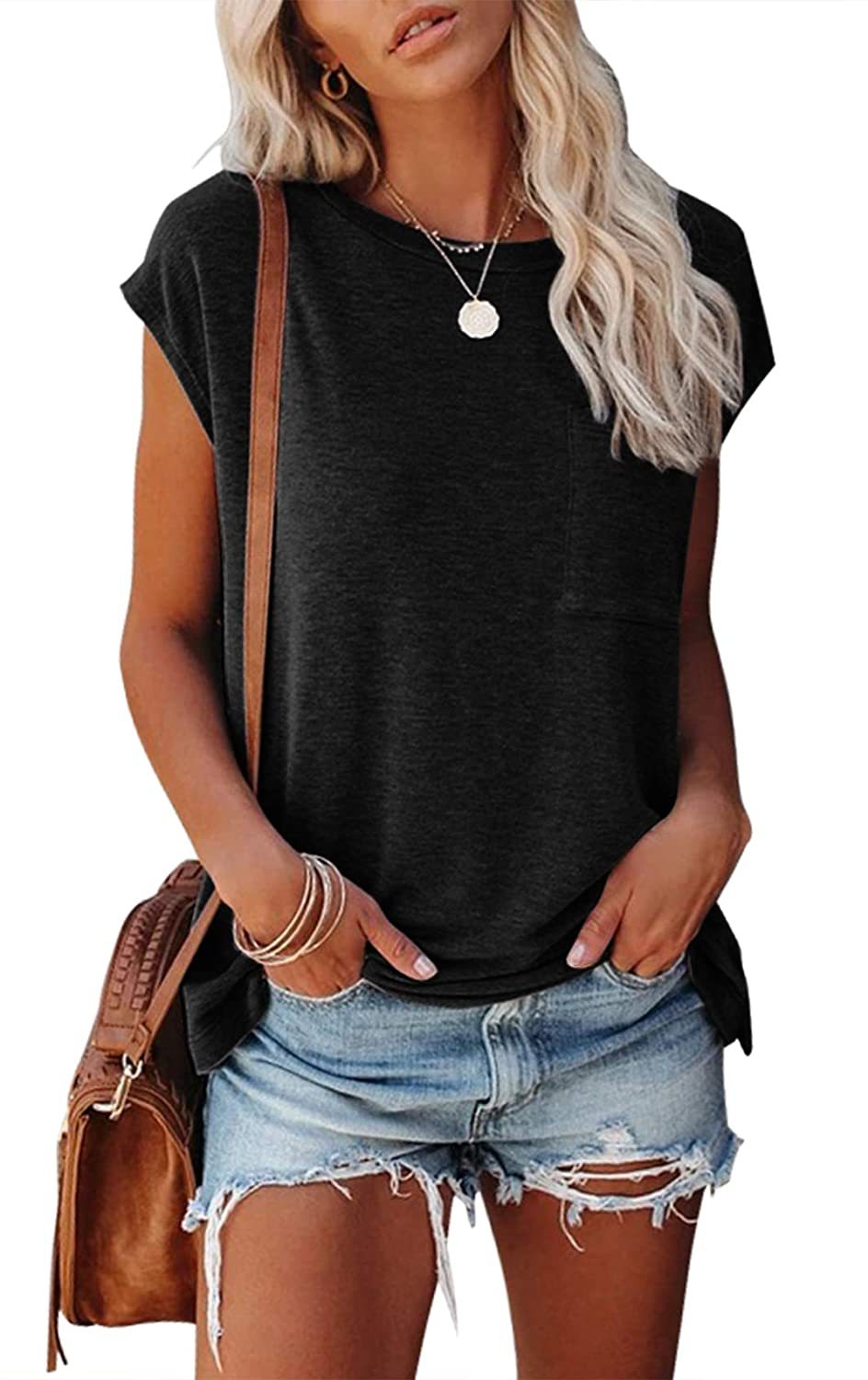 FS313#Camisetas de verano para mujer, de manga corta, holgadas, lisas, con bolsillos