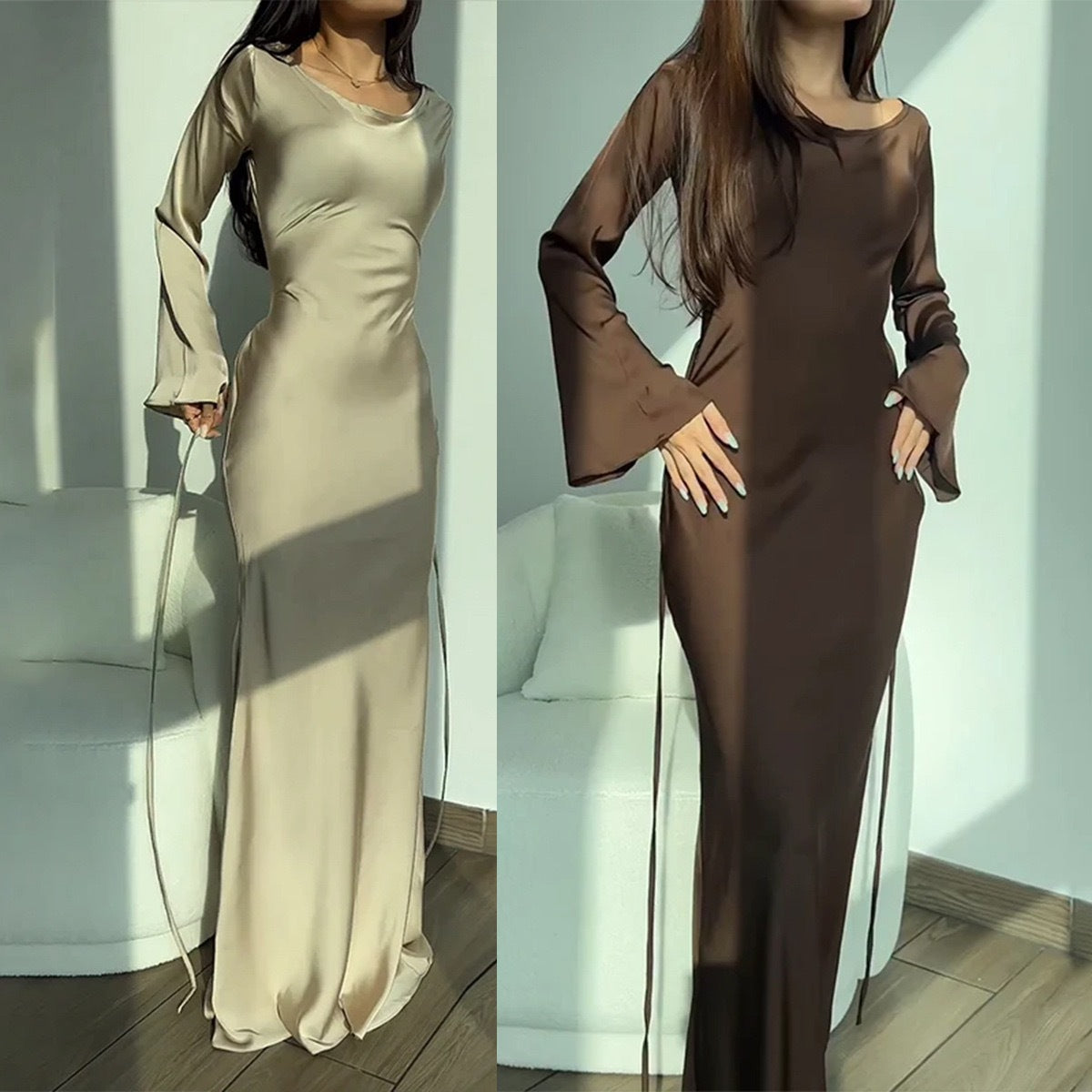 MS598#Vestido de cintura larga con cuello redondo y color liso