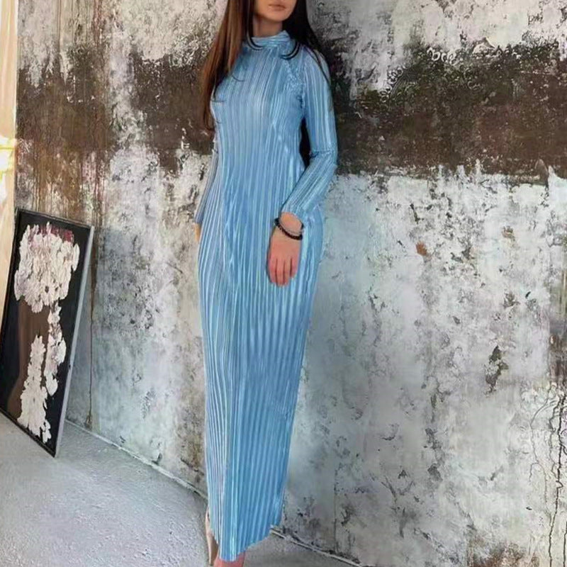 MS406#Vestido de otoño ajustado, de cuello semialto, ajustado, cruzado en la cadera, plisado, de manga larga, con cordones