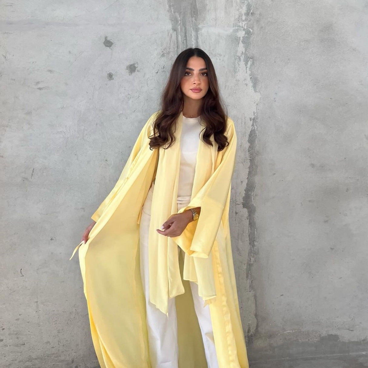 MS566# Túnica musulmana de moda, vestido suave de satén, prenda exterior abierta por delante, túnica abaya de color sólido