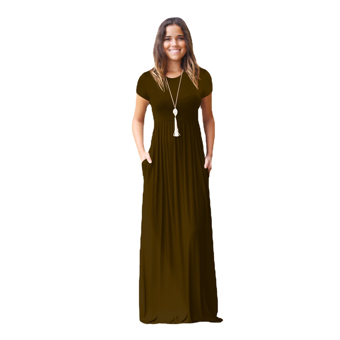 FS311#Vestido largo informal liso holgado de manga corta para mujer con bolsillos