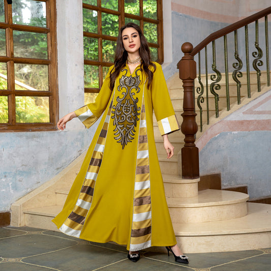 MS422#Vestido de rayas bordado con lentejuelas para mujer musulmana