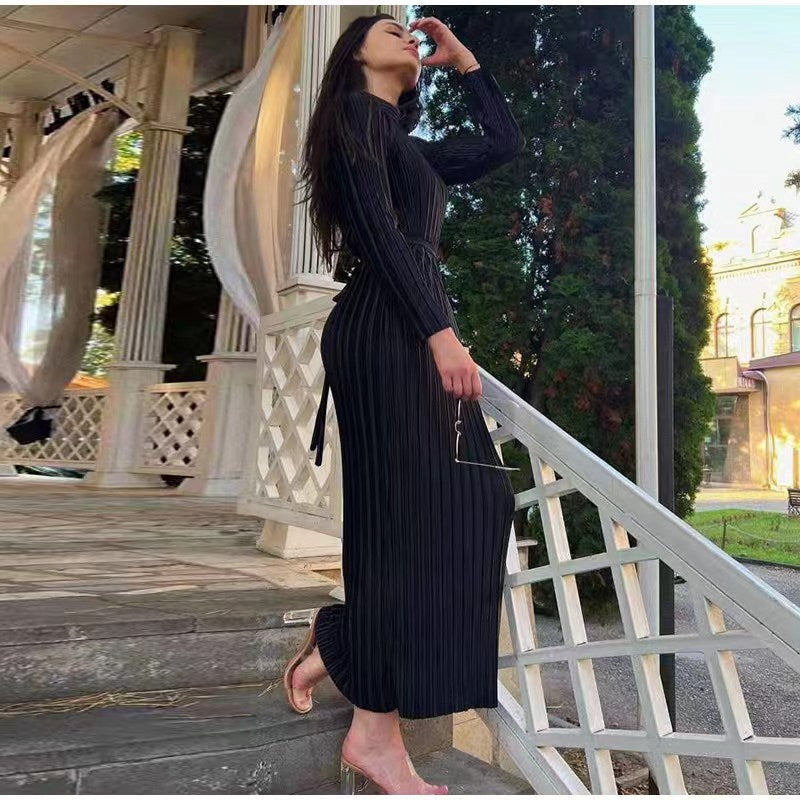 MS406#Vestido de otoño ajustado, de cuello semialto, ajustado, cruzado en la cadera, plisado, de manga larga, con cordones