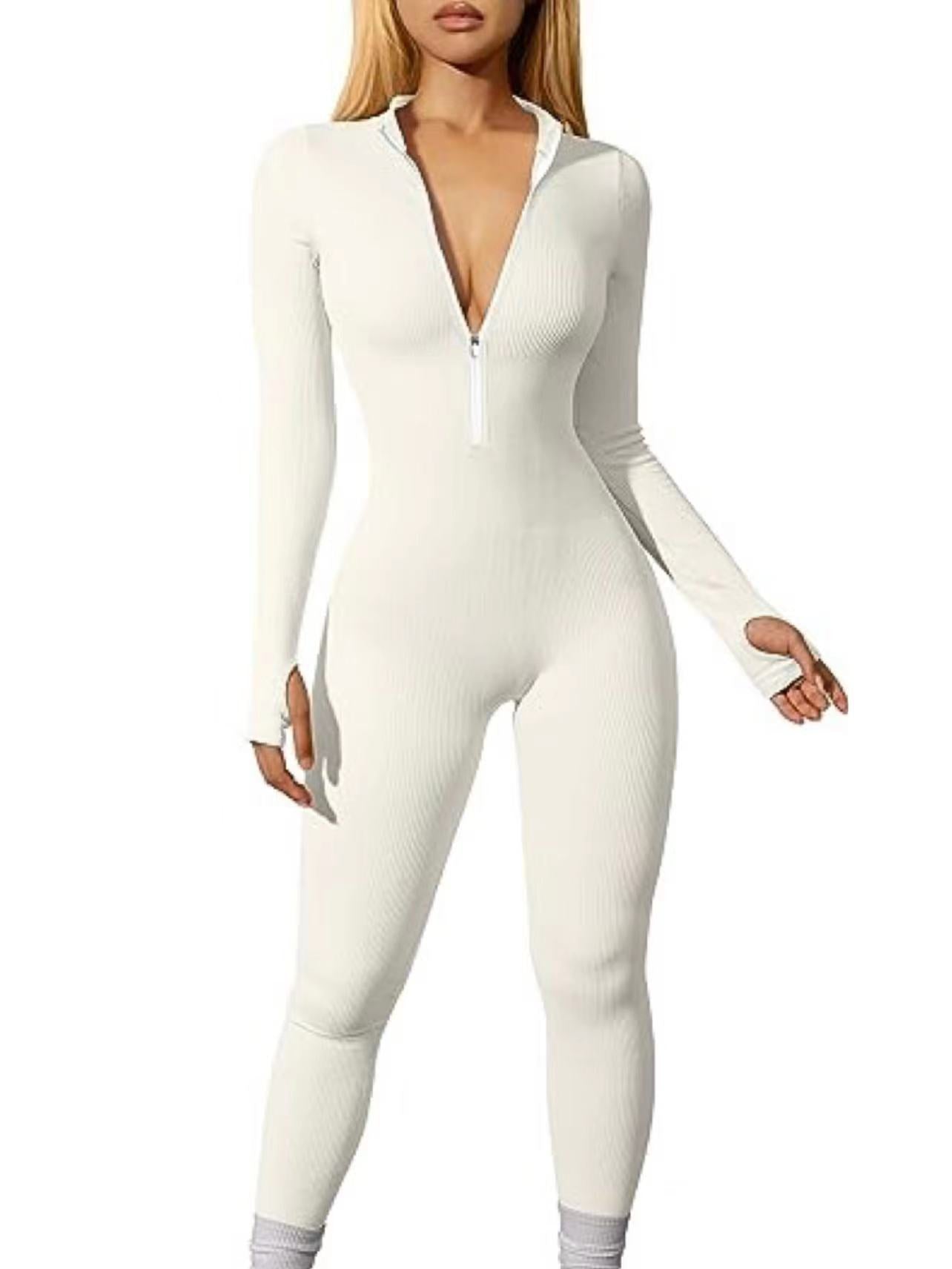 FS315#Mono deportivo para mujer transfronterizo europeo y americano, mono de entrenamiento con cremallera de manga larga acanalado, pantalones casuales ajustados