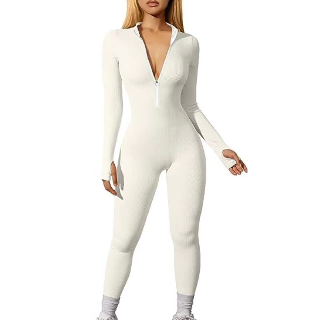 FS315#Mono deportivo para mujer transfronterizo europeo y americano, mono de entrenamiento con cremallera de manga larga acanalado, pantalones casuales ajustados