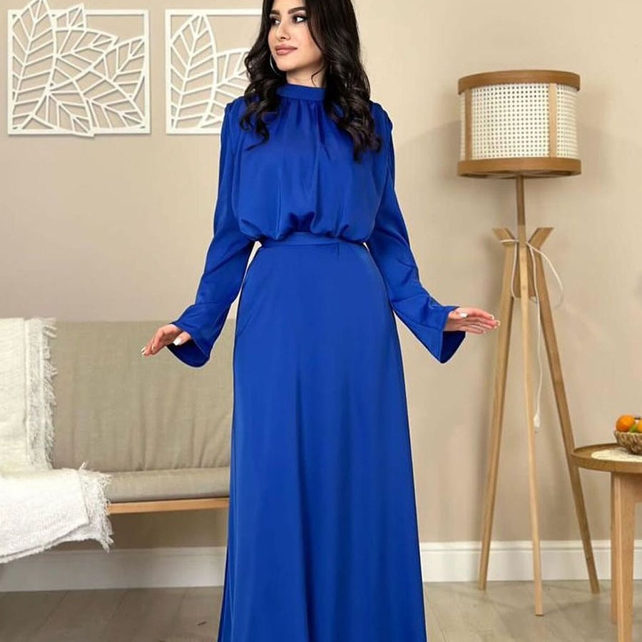 MS510#Vestido de moda con falda acampanada, cintura alta, manga larga y cuello semialto estilo satén