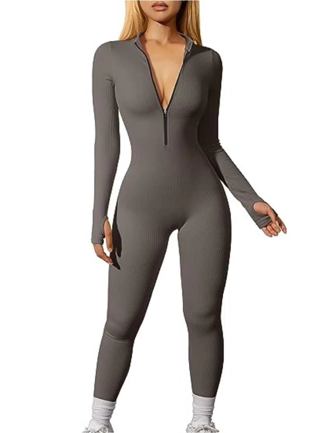 FS315#Mono deportivo para mujer transfronterizo europeo y americano, mono de entrenamiento con cremallera de manga larga acanalado, pantalones casuales ajustados