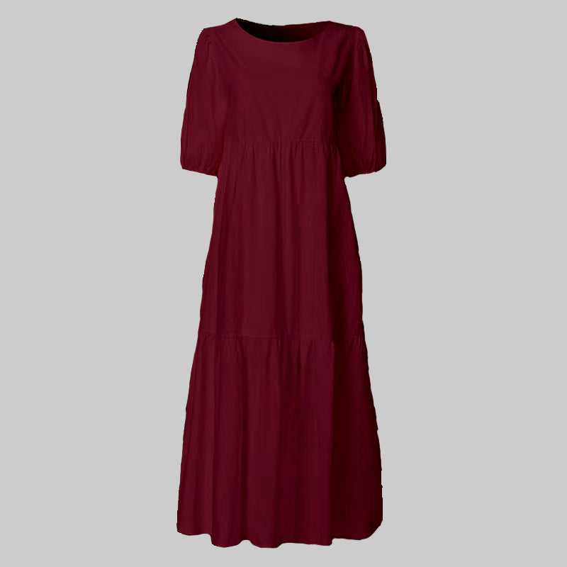 FS319# Vestido largo playero holgado con cuello redondo, manga corta y estampado de flores para mujer