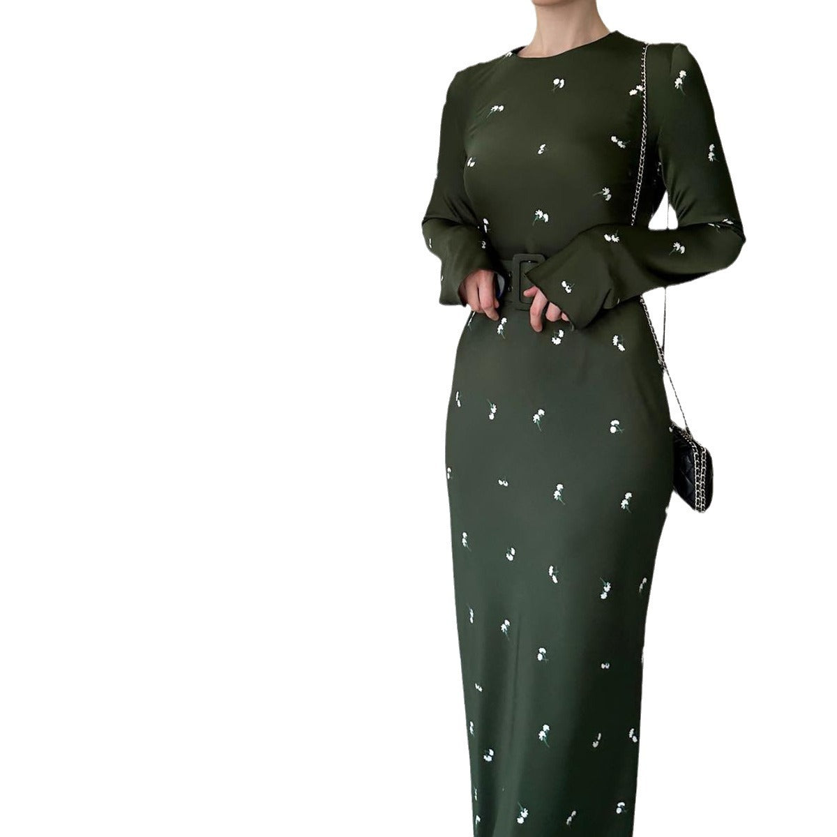MS413#Vestido ajustado con volantes y manga larga de temperamento moderno