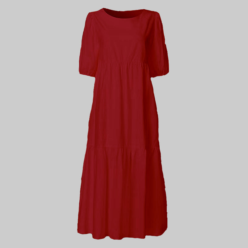 FS319# Vestido largo playero holgado con cuello redondo, manga corta y estampado de flores para mujer