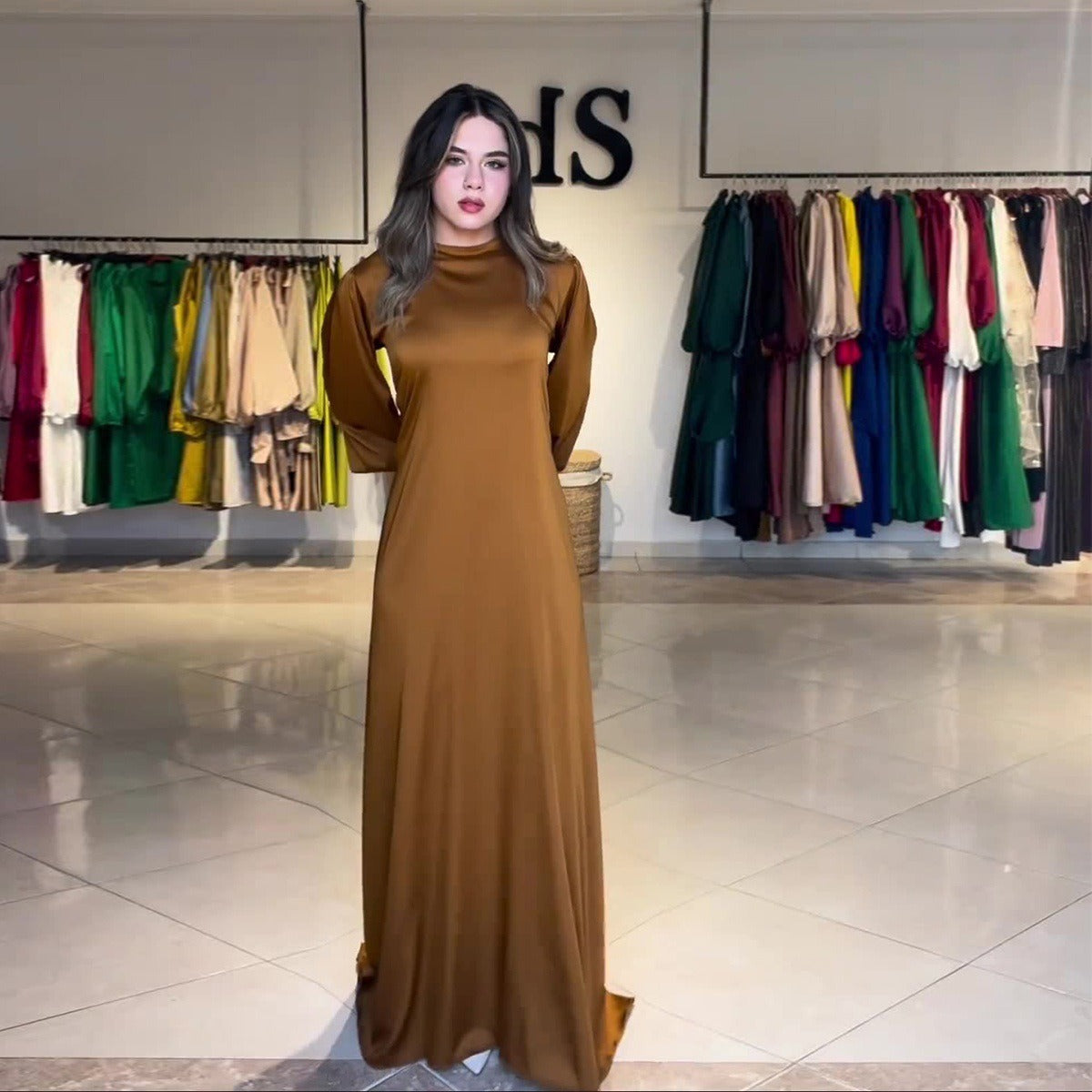 MS450#Vestido de satén de color liso con cinturón para mujer