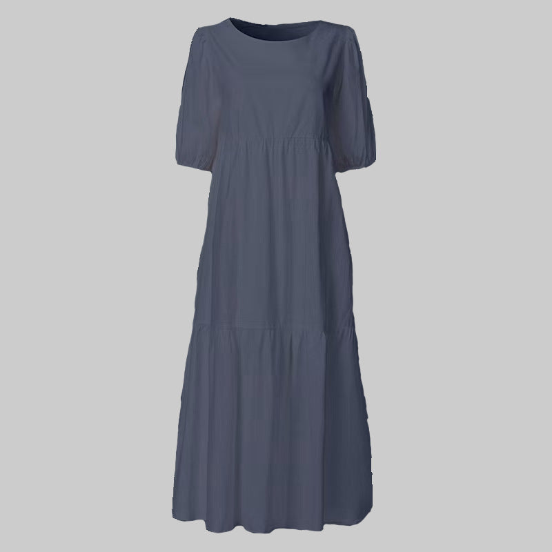 FS319# Vestido largo playero holgado con cuello redondo, manga corta y estampado de flores para mujer